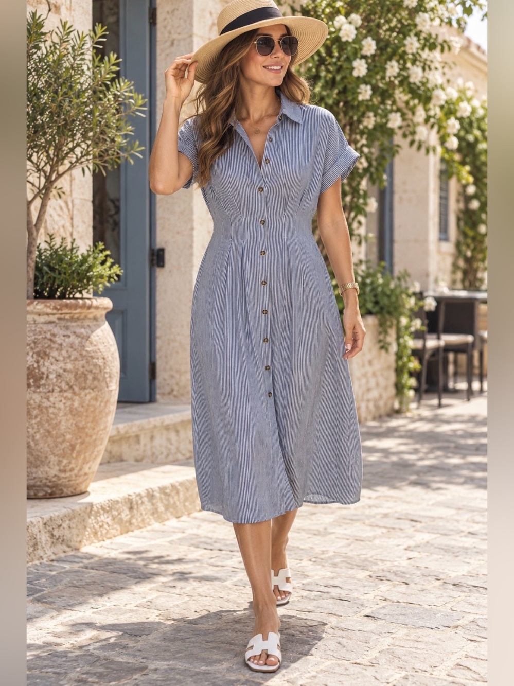 Midi Button-Front Shirt Dress - Blue Stripe